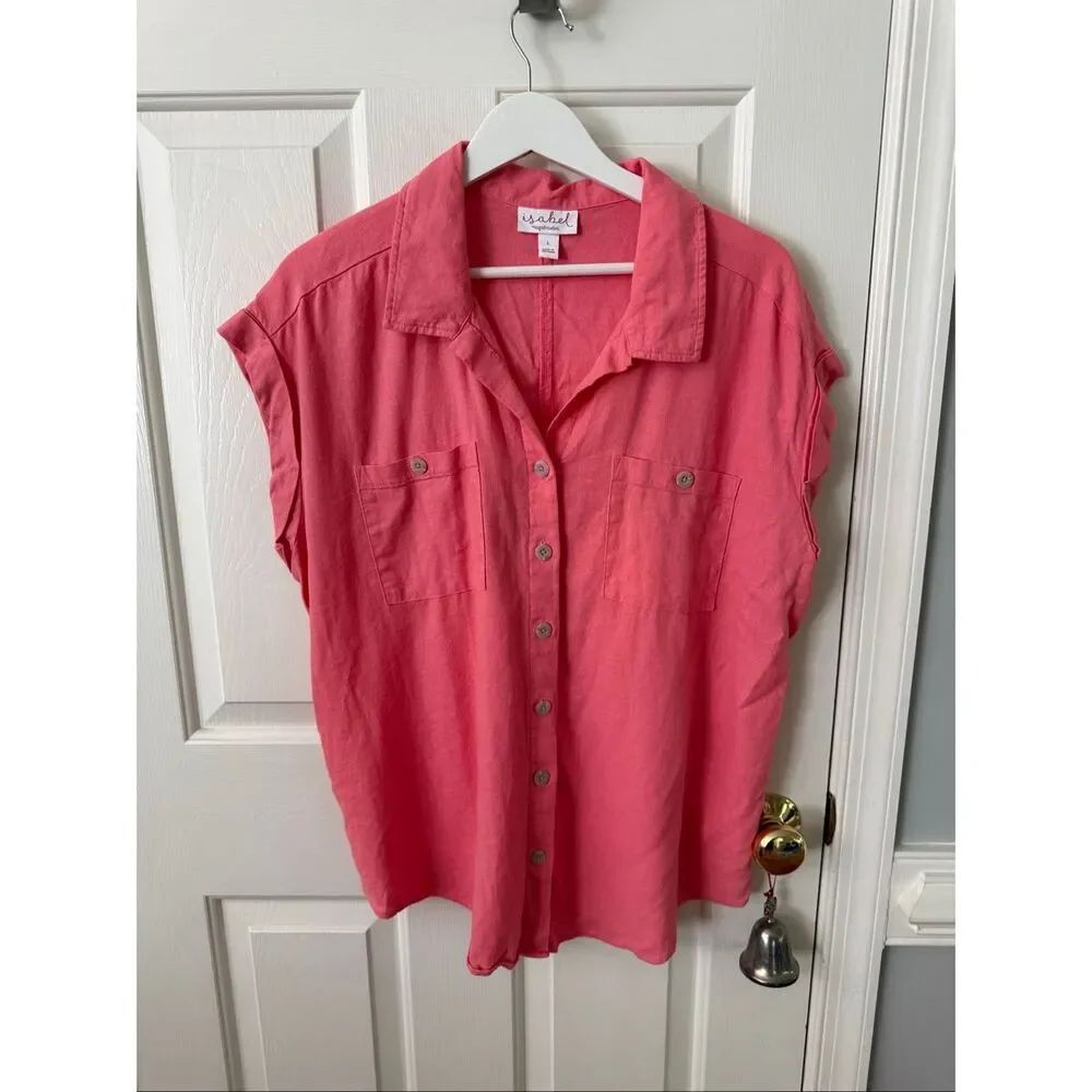 Isabel Maternity Linen Salmon Pink Wide Cap Sleeve Button Down Top sz L EUC